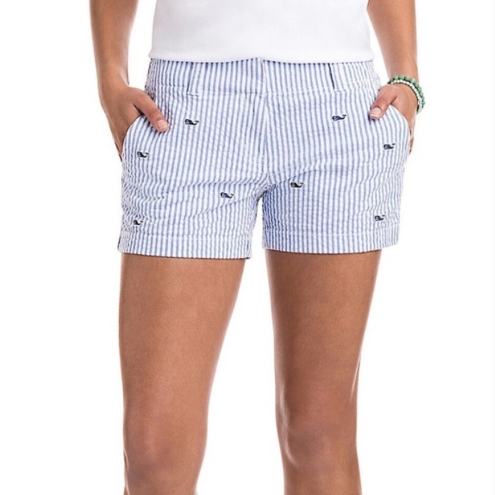 Vineyard Vines Seersucker Low Rise Coastal Nautical Preppy Whale Logo Shorts